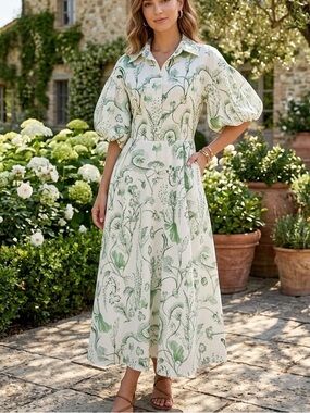 Floral Print Green and White Loose Flare Dress size 4